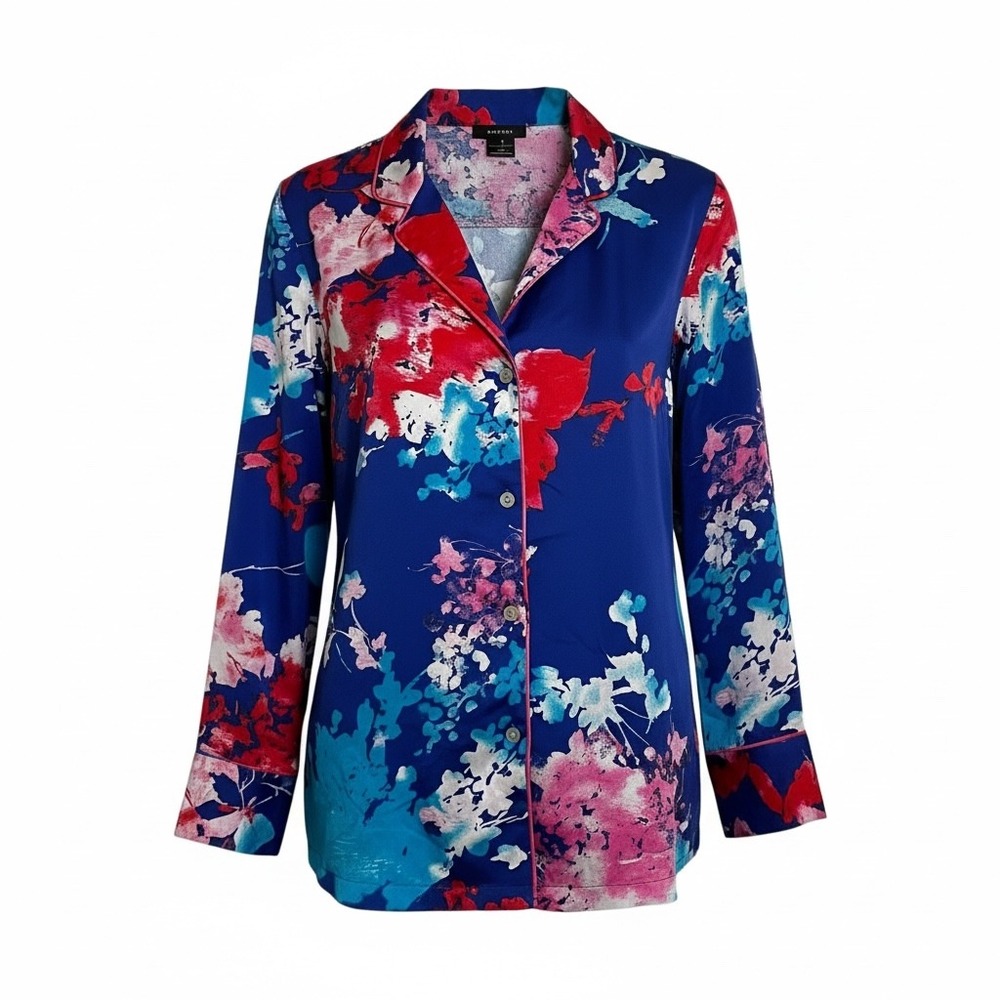 Natori Womens Pajama Top Blue Floral Print Long Sleeve Button Up Size M